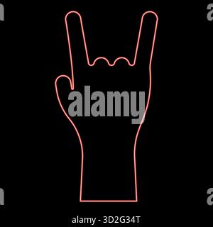 Neon symbol heavy metal rock male hand gesture sign red color vector illustration image flat style light Stock Vector