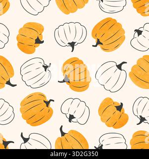 Seamless vector pattern with hand drawn pumpkins. Halloween print Stock Vector