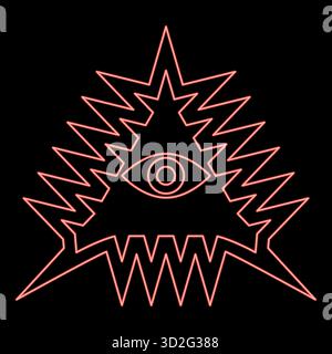Neon mason symbol occult emblem of masonic Illuminati triangle all seeing eye of vision providence sacred sign in pyramid in triangle secret concept Stock Vector