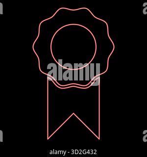 Neon medal with ribbon winner award prize certificate seal emblem stamp badge medallion rosette red color vector illustration image flat style light Stock Vector