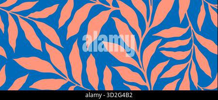 Abstract art vintage colors tropical line art leaves seamless background vector. Wallpaper design with leaves shapes and scribble doodle linear leaf. Stock Vector
