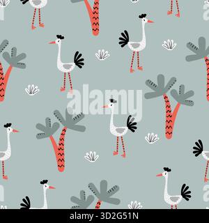 Seamless childish pattern with cute cartoon birds and trees. Vector illustration Stock Vector