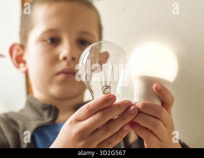Child Comparing Old and New Light Bulbs – Energy Saving Concept - Kid Holding Incandescent and LED Bulbs Stock Photo