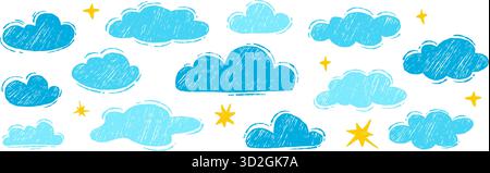 Crayon Filled Blue Clouds and Yellow Stars set. Isolated Curvature Chalk Textured Freeform Hand Drawn. Childish naive Doodles icons. Vector illustrati Stock Vector