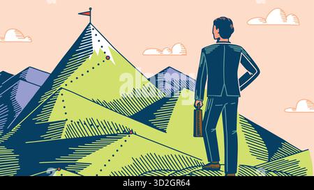 A businessman in suit standing in front of the mountains looking for the path to the top of his career of company opportunities. Concept for finance Stock Vector