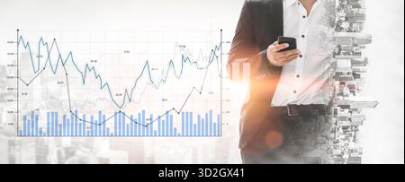 A businessman in a suit uses a smartphone against a backdrop of a financial graph. This image captures the essence of modern finance, analysis, and ur Stock Photo