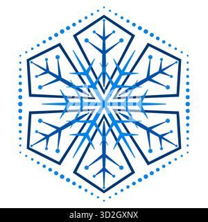 Ornate blue snowflake on white background. Ornamental winter fantasy design element. Elegant geometric mandala star pattern. Christmas snowflake ornam Stock Vector
