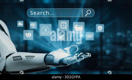 A futuristic robot hand displays a digital search interface with various tech-related icons, symbolizing innovation and communication in a high-tech u Stock Photo