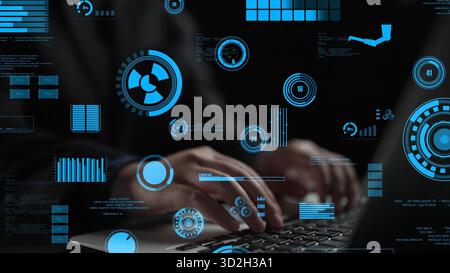 A businessman works on a laptop, immersed in a vibrant digital interface featuring graphs and charts, highlighting the dynamic relationship between te Stock Photo