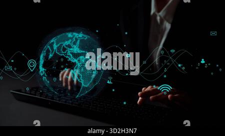A captivating digital illustration showing a glowing globe with network connections, symbolizing global communication and technological advancement in Stock Photo