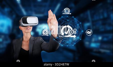 A business professional uses virtual reality to interact with digital elements, showcasing agile methodologies and advancing collaboration and product Stock Photo