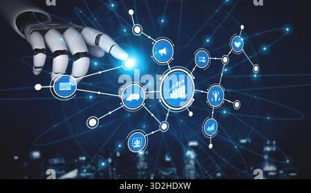 A dynamic robotic hand interacts with a network of digital icons symbolizing data, technology, and communication in a dark cityscape, illustrating inn Stock Photo