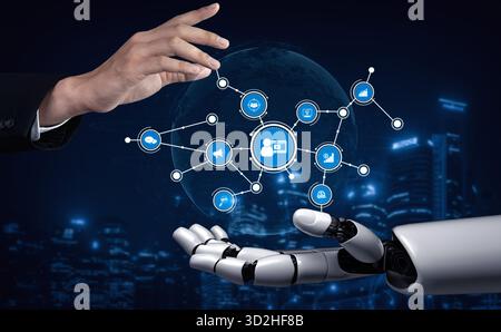 A visually striking image featuring a human hand reaching out to a robotic hand, symbolizing the convergence of technology and human interaction in a Stock Photo