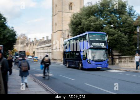 Oxford public doubledecker bus on Magdalen Bridge, Oxford, UK Stock Photo