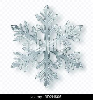 A complex, six-pointed snowflake with sharp, crystalline facets in shades of silver and white with soft shadow on a transparent background. Transparen Stock Vector