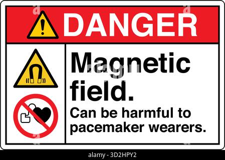 The "Safety Sign: Magnetic Field" alerts individuals to areas with strong magnetic fields that may pose risks to people with pacemakers Stock Vector
