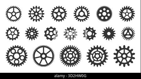 Gears varied sizes icon set. Cogwheel black silhouette. Toothed wheel on white background. Mechanical parts spinning sprockets form. Interlocked metal teeth join. Cogs with different gear hub pattern Stock Vector
