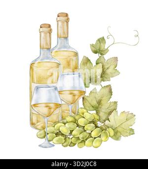 Watercolor composition with two white wine bottles, glasses, grapes, and vine leaves. Soft elegant still life perfect for gourmet branding, wine menu, Stock Photo