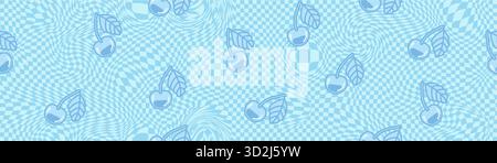 Distorted blue checkerboard grid with glossy cherry pattern in Y2K and kawaii style. Perfect for retro, aesthetic, and digital design. Great for Stock Vector