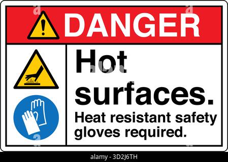 The "Safety Sign: Hot Surface – Do Not Touch" alerts individuals to surfaces that can cause burns upon contact. This sign uses clear symbols and wordi Stock Vector