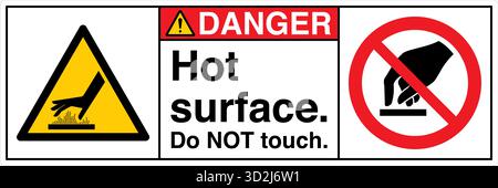 The "Safety Sign: Hot Surface – Do Not Touch" alerts individuals to surfaces that can cause burns upon contact. This sign uses clear symbols and wordi Stock Vector