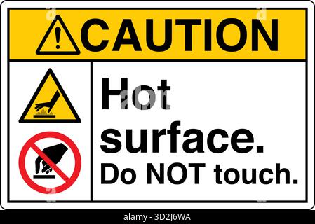 The "Safety Sign: Hot Surface – Do Not Touch" alerts individuals to surfaces that can cause burns upon contact. This sign uses clear symbols and wordi Stock Vector