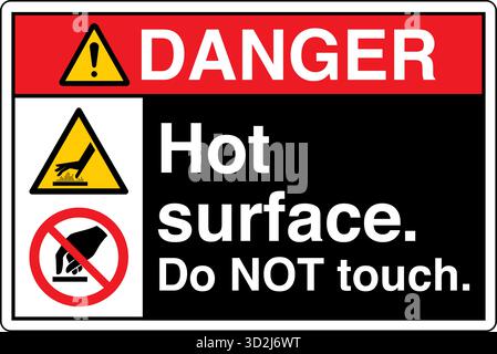 The "Safety Sign: Hot Surface – Do Not Touch" alerts individuals to surfaces that can cause burns upon contact. This sign uses clear symbols and wordi Stock Vector