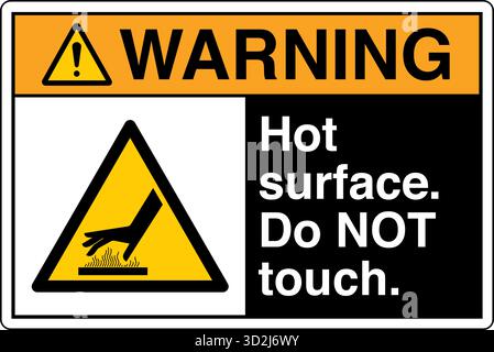The "Safety Sign: Hot Surface – Do Not Touch" alerts individuals to surfaces that can cause burns upon contact. This sign uses clear symbols and wordi Stock Vector