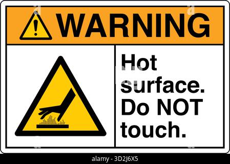 The "Safety Sign: Hot Surface – Do Not Touch" alerts individuals to surfaces that can cause burns upon contact. This sign uses clear symbols and wordi Stock Vector