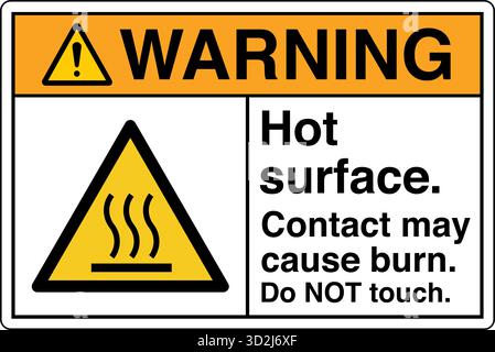 The "Safety Sign: Hot Surface – Do Not Touch" alerts individuals to surfaces that can cause burns upon contact. This sign uses clear symbols and wordi Stock Vector