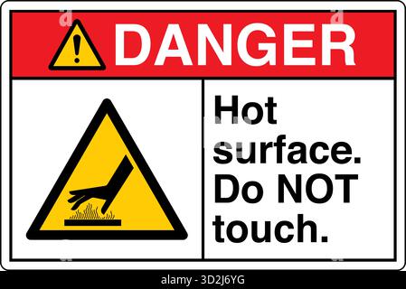 The "Safety Sign: Hot Surface – Do Not Touch" alerts individuals to surfaces that can cause burns upon contact. This sign uses clear symbols and wordi Stock Vector