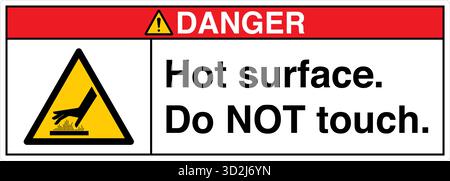 The "Safety Sign: Hot Surface – Do Not Touch" alerts individuals to surfaces that can cause burns upon contact. This sign uses clear symbols and wordi Stock Vector