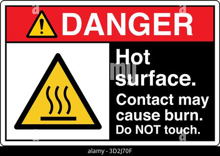 The "Safety Sign: Hot Surface – Do Not Touch" alerts individuals to surfaces that can cause burns upon contact. This sign uses clear symbols and wordi Stock Vector