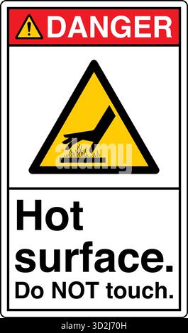 The "Safety Sign: Hot Surface – Do Not Touch" alerts individuals to surfaces that can cause burns upon contact. This sign uses clear symbols and wordi Stock Vector