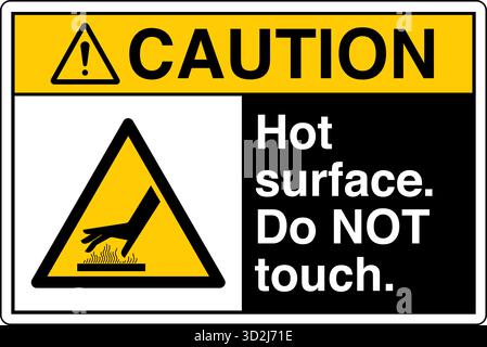 The "Safety Sign: Hot Surface – Do Not Touch" alerts individuals to surfaces that can cause burns upon contact. This sign uses clear symbols and wordi Stock Vector