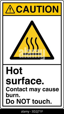 The "Safety Sign: Hot Surface – Do Not Touch" alerts individuals to surfaces that can cause burns upon contact. This sign uses clear symbols and wordi Stock Vector