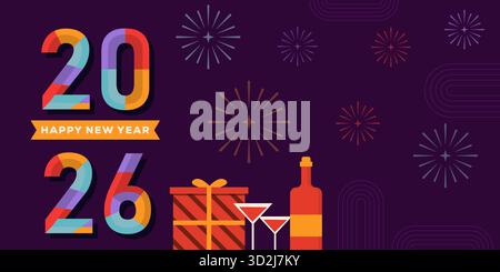 happy new year 2026 horizontal banner in flat style design Stock Vector