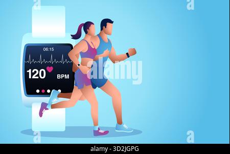 World Heart Day theme, couple running with smartwatch. Awareness about heart health and accelerate actions to prevent, detect and manage cardiovascula Stock Vector