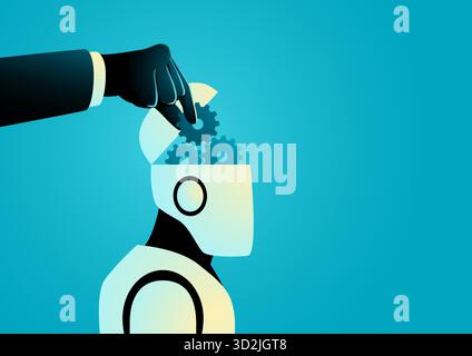 Human Hand Adjusting Robot Brain Gears, AI programming and machine learning concept. Stock Vector