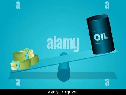 Vector illustration of an oil barrel and stacks of money placed on opposite ends of a seesaw, symbolizing the fluctuation of oil prices and their impa Stock Vector