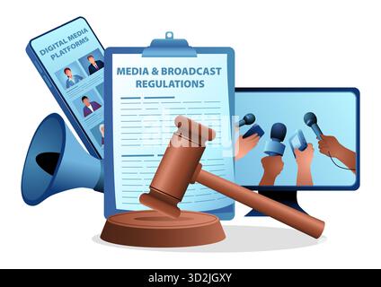 Media regulation and broadcast policy concept illustration Stock Vector