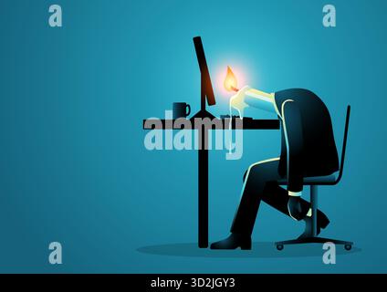 Burnout and overwork concept, businessman with melting candle head at desk. Stock Vector