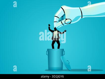 AI Replacing Human Workers, robot hand throwing businessman in trash can Stock Vector