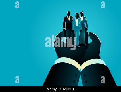 Vector illustration of a giant hand supporting a group of businesspeople, symbolizing leadership, mentorship, human capital, and corporate support. Stock Vector