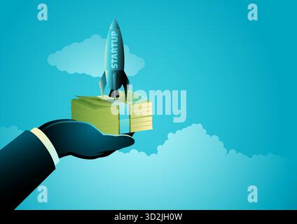 Startup investment launch concept, rocket and money stack vector illustration. Stock Vector