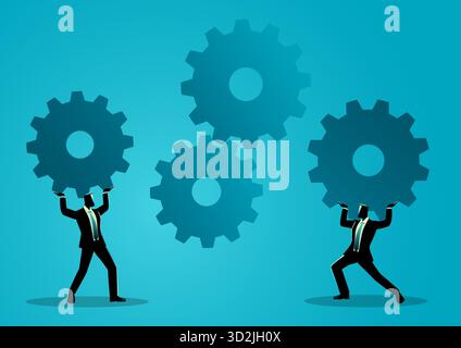 Two businessmen lifting large gears to complete a system, symbolizing collaboration, process optimization, business integration, and teamwork in a cor Stock Vector