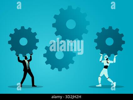 Businessman and a robot lifting large gears to complete a system, symbolizing collaboration, process optimization, business integration, and automatio Stock Vector