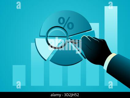 Business or investment data analysis, hand with magnifying glass examining pie chart Stock Vector