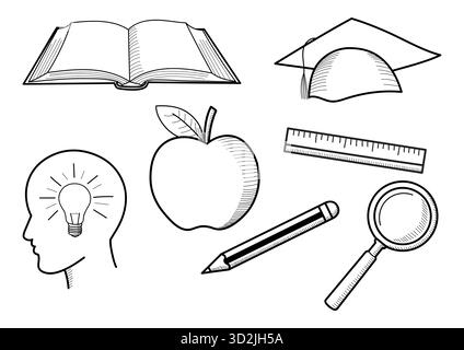 Doodle line art vector set of education icons, like a pencil, graduation hat, open book, ruler, and more. For school projects, e-learning platforms, e Stock Vector