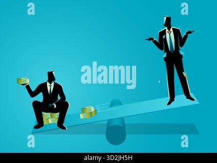 Zero-sum game concept in business or economics. Two businessmen sit on opposite ends of a seesaw, one holding money that tilts the balance in his favo Stock Vector